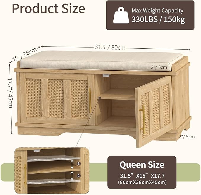 Heybly Shoe Cabinet with Bench, Rattan Entryway Storage Bench with Cushion, Shoe Storage Bench Cabinet with 2 Doors, Adjustable Shelves, Wooden Shoe Bench 31.5" for Living Room Bedroom Hallway HSB001N