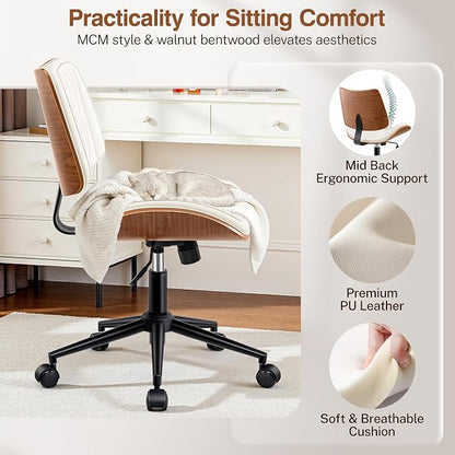 Ergonomic Armless Office Desk Chair - Mid-Century Modern White Faux Leather with Diamond Stitch, Adjustable Height Swivel Rolling Task Computer Chair with Walnut Accent for Home Office, Study & Work