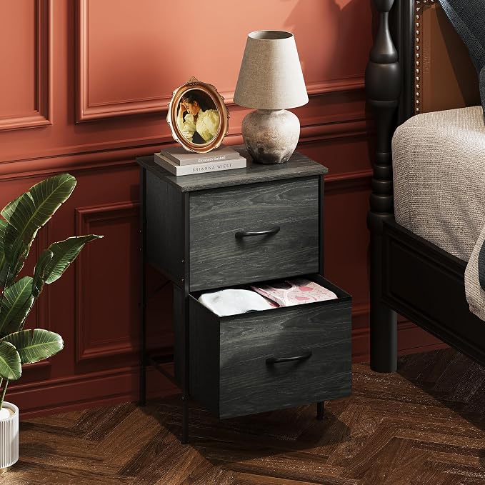 WLIVE Nightstand, Nightstand with 2 Drawers, Bedside Furniture, Night Stand, Small Dresser for Bedroom, College Dorm, End Table with Fabric Bins, Dormitory, Charcoal Black Wood Grain Print