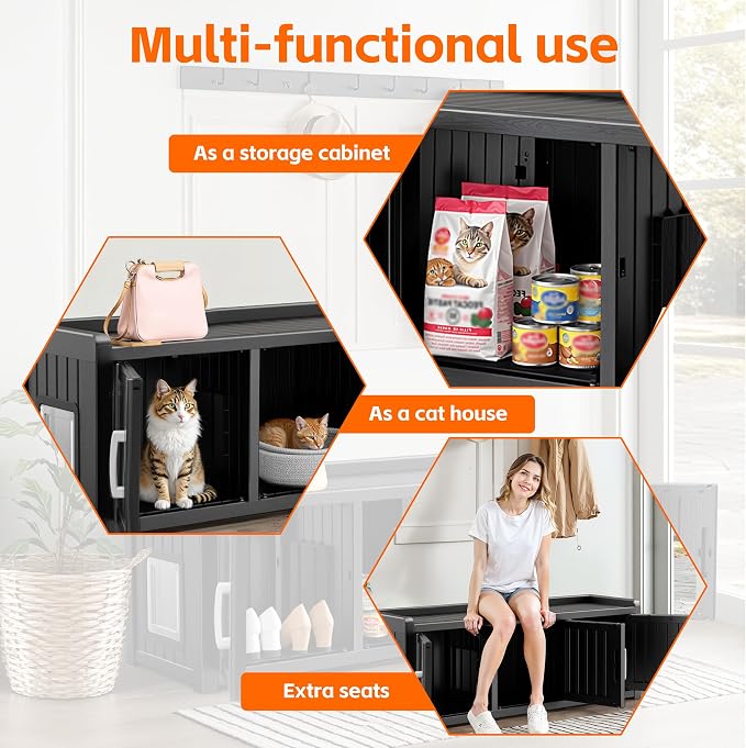 DRATO Indoor Outdoor Shoe Storage Cabinet, Shoe Bench Entryway with Adjustable Shelves, Multifunctional Resin Storage Bench for Entryway Foyer Hallway (Black, 3 Doors with Windows)