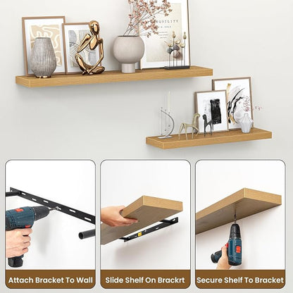 Heimlove Floating Shelves for Wall 40 Inch,Mounted Storage & Display Hanging Shelf with Invisible Brackets,for Bedroom,Living Room,Kitchen,Office,Set of 2,Oak Color