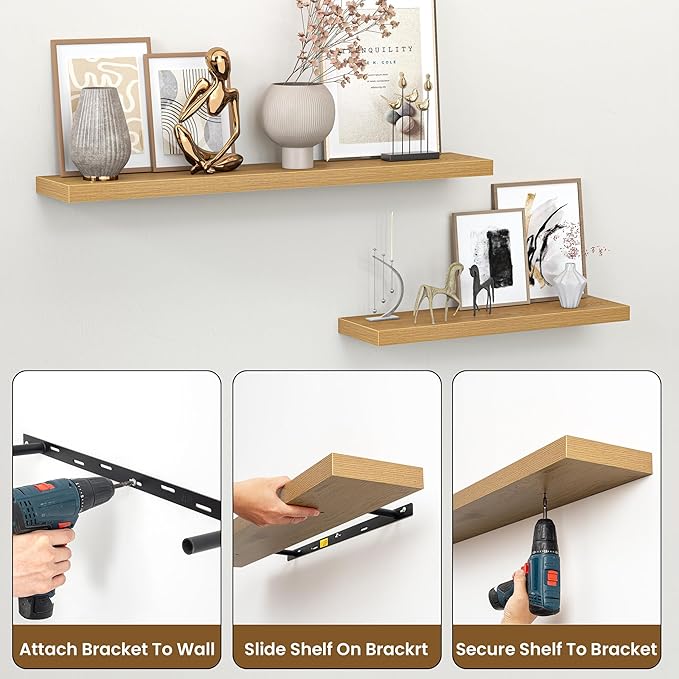 Heimlove Floating Shelves for Wall 32 Inch,Mounted Storage Wood Shelves with Invisible Brackets Hanging Shelf for Bedroom Living Room Kitchen Office,Set of 2,Oak Color