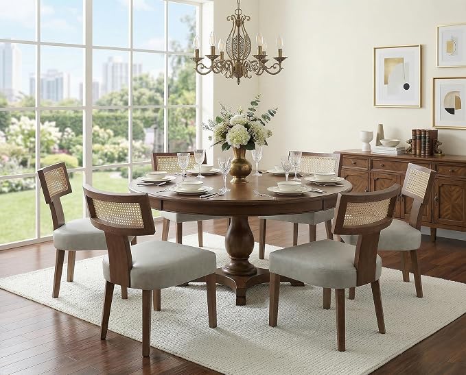 RIVOVA Upholstered Dining Chairs Set of 6 with Rattan Back, Modern Wooden Kitchen Chairs PU Leather Side Dining Room Chair Farmhouse Dinner Chair, Grey