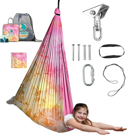Indoor Sensory Swing for Kids or Outdoor – Holds 300lbs, Double-Layer, & 360° Swivel, Calming Compression Therapy Swing Hammock for Kids & Adults with All Hardware – Sensory-Motor Toys & Gifts