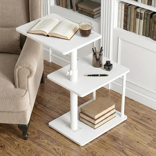 Faesun 360° Swivel Side Table for Height Adjustable, C Shaped End Table for Couch with Storage, 3-Tier Night Stand with Open Shelf, Tv Tray for Small Spaces, Living Room, Bedroom, White