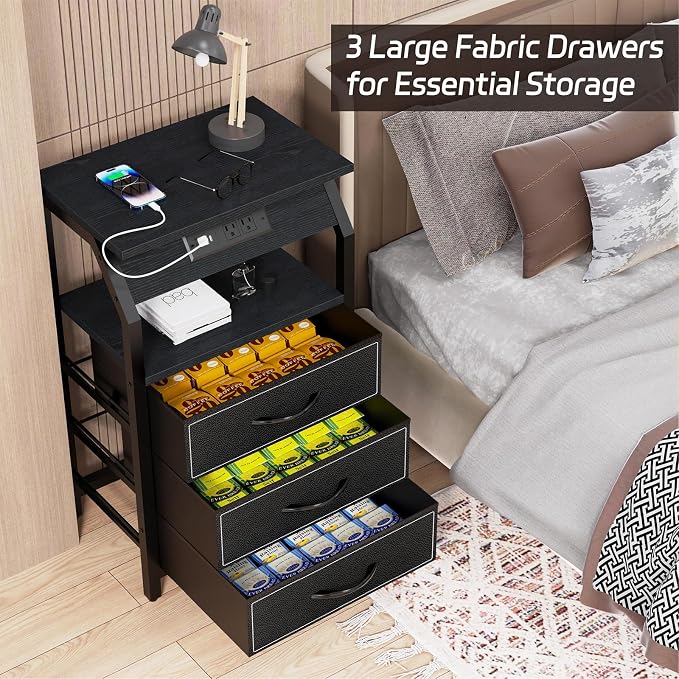 SZLHANJZ End Table with 3 Drawers, Nightstand with Charging Station and LED Lights, Small Fabric Night Stand for Bedside, Storage Side Table for Living Room Dorm, Black