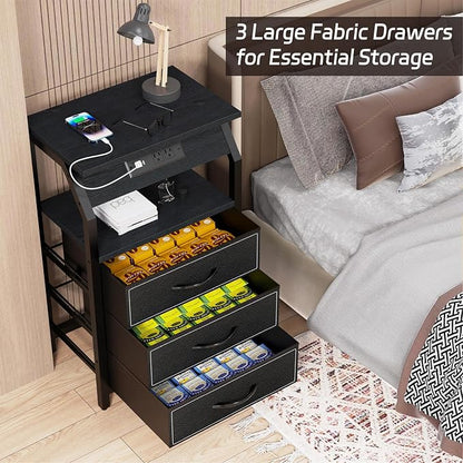 SZLHANJZ End Table with 3 Drawers, Nightstand with Charging Station and LED Lights, Small Fabric Night Stand for Bedside, Storage Side Table for Living Room Dorm, Black