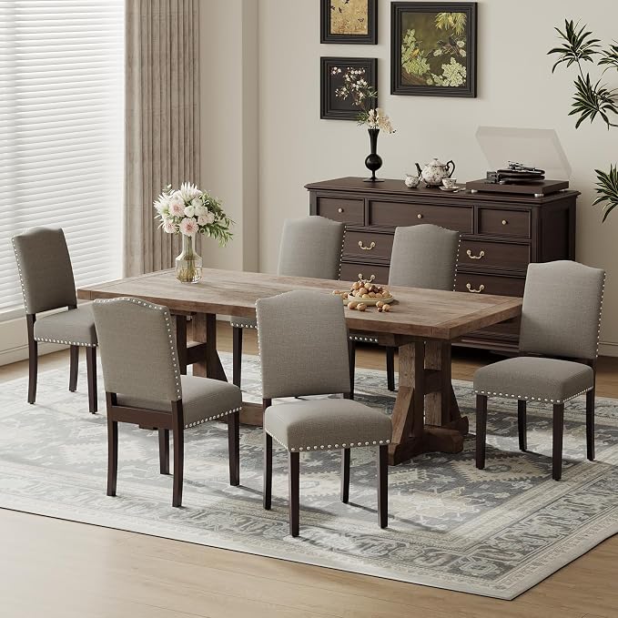 Upholstered Parsons Dining Chairs Set of 6, Modern Dining Room Chairs with Back, Fabric Kitchen Side Chairs with Wood Legs, Nailhead Trim for Dinner Farmhouse Restaurant, Taupe