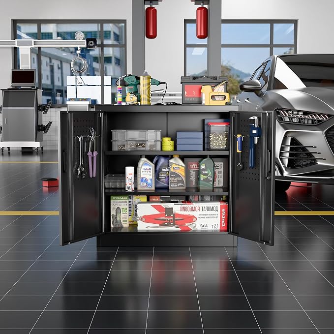 Metal Garage Storage Cabinet with Lock and Pegboard, Locking File Cabinets with Doors and Shelves for Office,Home,Garage,Gym, School, Assembly Required, Black