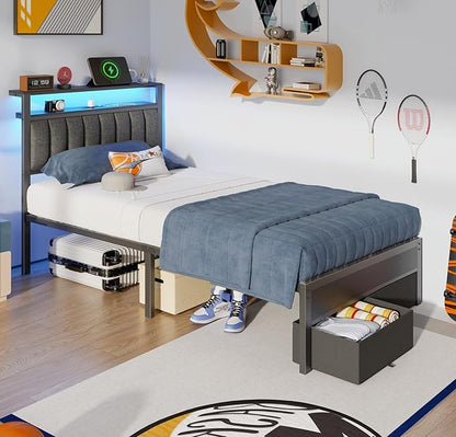 Furnulem Twin Bed Frames with Storage Drawers and Upholstered Headboard | Grey Metal Platform Bed with Charging Station, LED Lights, 2 Tier Shelves, Fabric Drawers. No Box Spring Needed, Noise Free