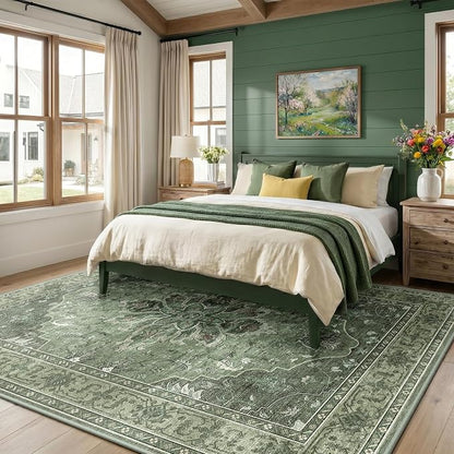 RELEANY Area Rugs 7'x10' Washable Non-Slip, Floral Vintage Distress Medallion Carpet for Living Room Bedroom Dining Room, Dark Green Gray