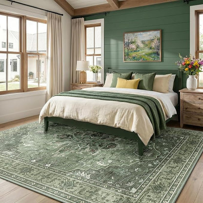 RELEANY Area Rugs Large 10'x14' Washable Non-Slip, Floral Vintage Distress Medallion Carpet for Living Room Bedroom Dining Room, Dark Green Gray