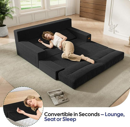 MeMoreCool Queen Sofa Bed, 4-in-1 Pull Out Couch Bed with Wedge Pillow, Boneless Futon Sleeper Loveseat, No Assembly Folding Sofa for Living Room Guest Room, Black Corduroy