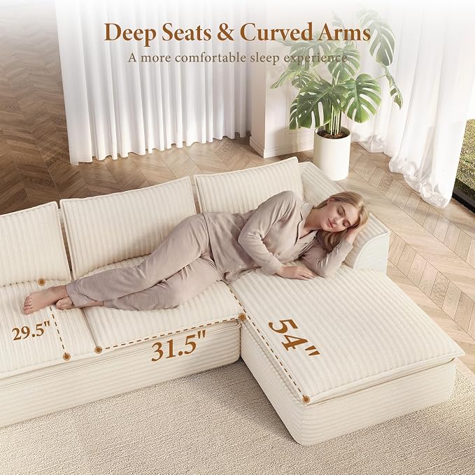 Vesgantti 141.7" Oversized Sectional Boneless Couch, Modern 7 Seater Modular Sofa with Chaise & Ottoman, Deep Seat Plush Corduroy Cloud Couches for Living Room, No Assembly Required, Beige