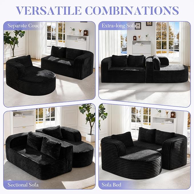 Hobestluk Modular Sectional Sofa Couches L-Shape Couch 3 Seat Modular Sofa Memory Foam Sectional Couches for Living Room, Cloud Couch (Round Black, 96", Right Hand Facing)