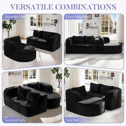 Hobestluk Modular Sectional Sofa Couches L-Shape Couch 3 Seat Modular Sofa Memory Foam Sectional Couches for Living Room, Cloud Couch (Round Black, 96", Right Hand Facing)