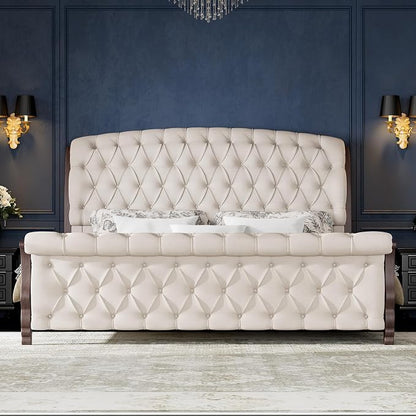 AMERLIFE Upholstered Queen Bed Frame, 53" Tall Sleigh Bed with Button Tufted Chenille Headboard and Footboard, Platform Bed with Carved Solid Wood Legs, No Box Spring Needed, Cream