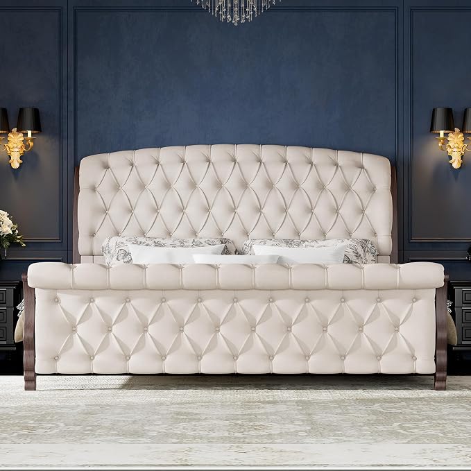 AMERLIFE Upholstered California King Bed Frame, 53" Tall Sleigh Bed with Button Tufted Chenille Headboard and Footboard, Platform Bed with Carved Solid Wood Legs, No Box Spring Needed, Cream