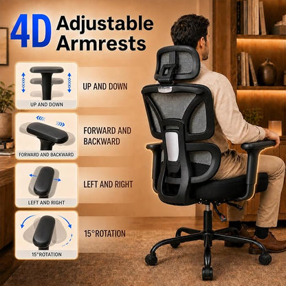 Ergonomic Office Chair with Footrest - High Mesh Back Computer Desk Chair | with Back Support, 135° Reclining, 4D Armrest & Headrest, 400lbs Thickened Seat Cushion, for Home Office, Work & Gaming