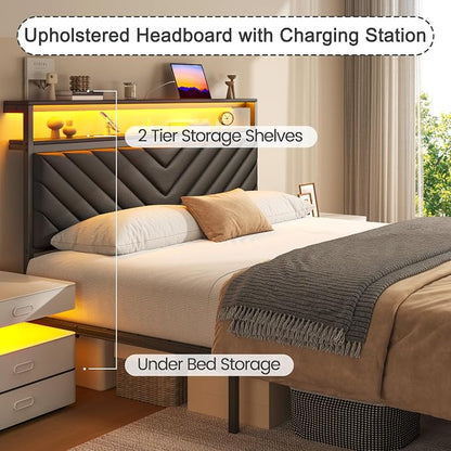 Fluest Queen Bed Frame with 2 Drawers, Upholstered Headboard with Storage and Charging Station, LED Lights, Fabric Drawers with Wheels, Under Bed Storage, No Box Spring Needed, Easy Assembly, Black