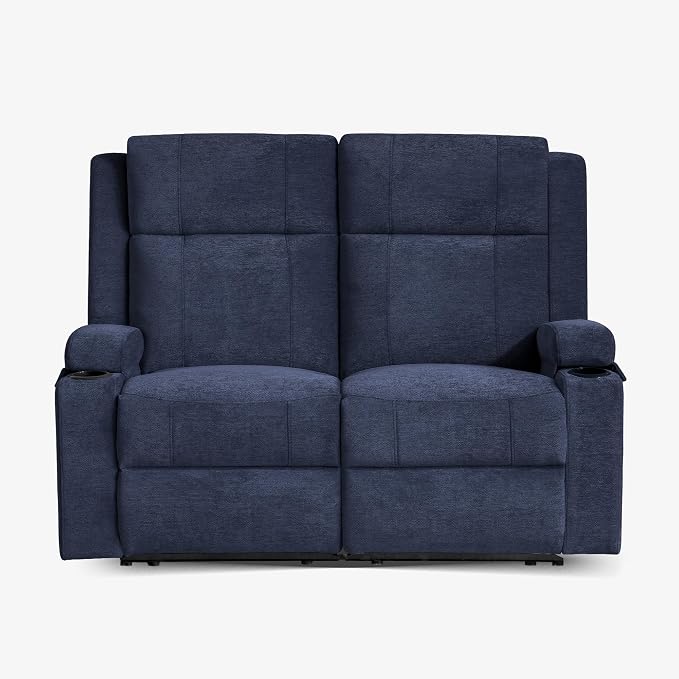 55" RV Loveseat Recliner – Space-Saving Double Reclining RV Sofa, Compact Theater Seating with Cup Holders & Storage Pocket, Blue Chenille Couch for Camper, Motorhome & Home Theater
