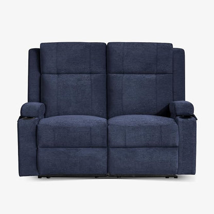 55" RV Loveseat Recliner – Space-Saving Double Reclining RV Sofa, Compact Theater Seating with Cup Holders & Storage Pocket, Blue Chenille Couch for Camper, Motorhome & Home Theater
