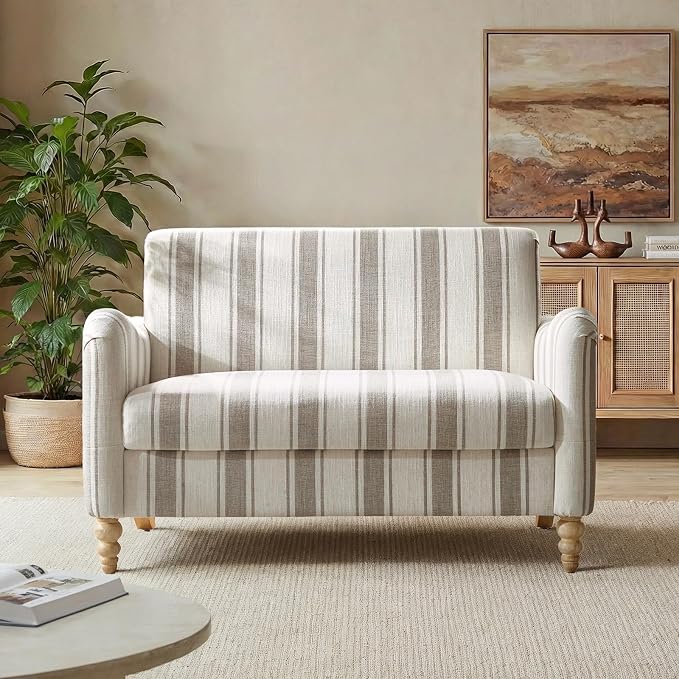 EcoHarbor Living 50.5" Mid-Century Modern Couch, Upholstered Sofa with Armrests, Stripe Mini Loveseat Couches for Small Space, Living Room, Bedroom, Office, Apartment, Tan