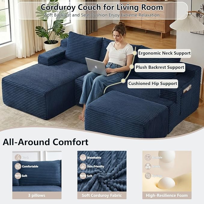 96" Cloud Sectional Couch U-Shaped Chaise with Ottoman, Corduroy Boneless Couch for Living Room Bedroom, Deep-Seat Upholstered Modular Cloud Sofa, No Assembly Required (Blue, Left Facing Chaise)