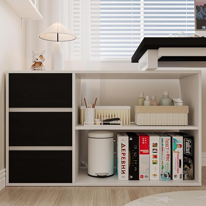 Bobve L Shaped Computer Desk, 47 Inch Home Office Desk with File Drawers & Storage Shelves, Small Corner Computer Desk for Small Space (White+Black)