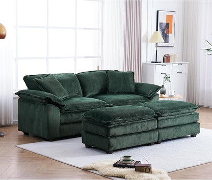 84.6” Corduroy Loveseat with Ottoman, Oversized Double Chaise Lounge Chair Indoor Deep Seat Two Seater Couch Cloud Couch Modular Sectional Sofa for Living Room(Corduroy Green)