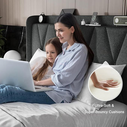 Einhomn Full Size Bed Frame with 4 Storage Drawers and Charging Station, Upholstered Platform Bed Frame with Storage Headboard, No Box Spring Needed, Easy Assembly, Dark Grey