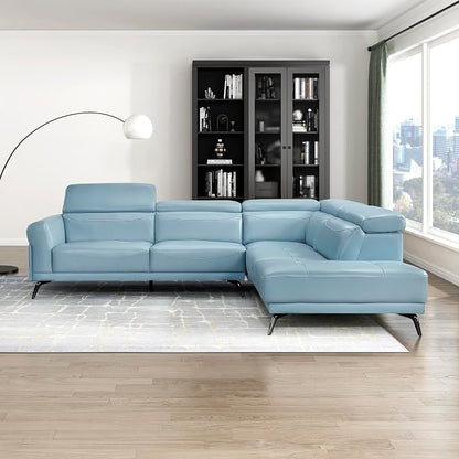 Lexicon L-Shaped Sectional Couch with Right Chaise, Top Grain Leather Match Sectional Sofa, Adjustable Headrests, Black Chrome Metal Legs, High-Density Cushions, Stitching, for Living Room, Blue