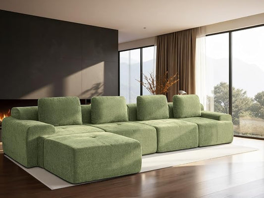 159" L-Shaped Modular Sectional Sofa, Oversized Boneless Cloud Couch for Living Room with Extra Deep Seat & High Back, Tool-Free No Assembly, Soft Chenille (Olive Green, 159 inch-L Shaped（4+1）)
