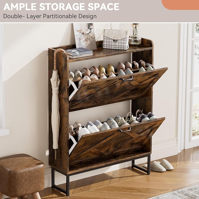 Nicetree Shoe Cabinet Organizer with 2 Flip Drawers, Freestanding Narrow Rack with Metal Legs, Farmhouse Slim Shoe Storage for Entryway, Foyer, Hallway, Rustic Brown