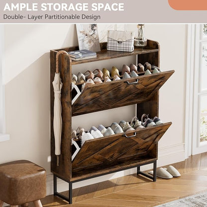 Nicetree Shoe Cabinet Organizer with 2 Flip Drawers, Freestanding Narrow Rack with Metal Legs, Farmhouse Slim Shoe Storage for Entryway, Foyer, Hallway, Rustic Brown