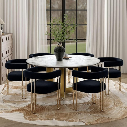 Hyfirm Set of 6 Black and Gold Modern Dining Chairs, Velvet Upholstered Barrel Armchairs with Metal Legs for Kitchen Island, Mid Century Accent Chairs for Dining Room Living Room, Open-Back