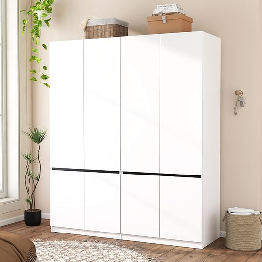 Armoire Wardrobe Closet with Doors: 75" White Large Wardrobe Closet with 4 Doors, Clothes Cabinets for Bedroom Armoires with Storage, Wood Wardrobes Closets for Hanging Clothes (C+C, 63")