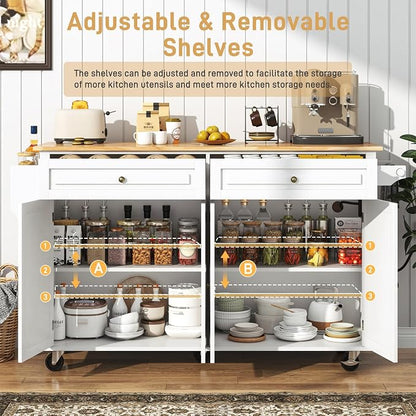 Hlivelood 63" Movable Kitchen Island with Drop Leaf and Power Outlet, Rolling Island Cart w/Storage Cabinet, Island Table on Wheels for Kitchen w/2 Drawers, Spice Rack, Towel Bar, Garage Hook, White