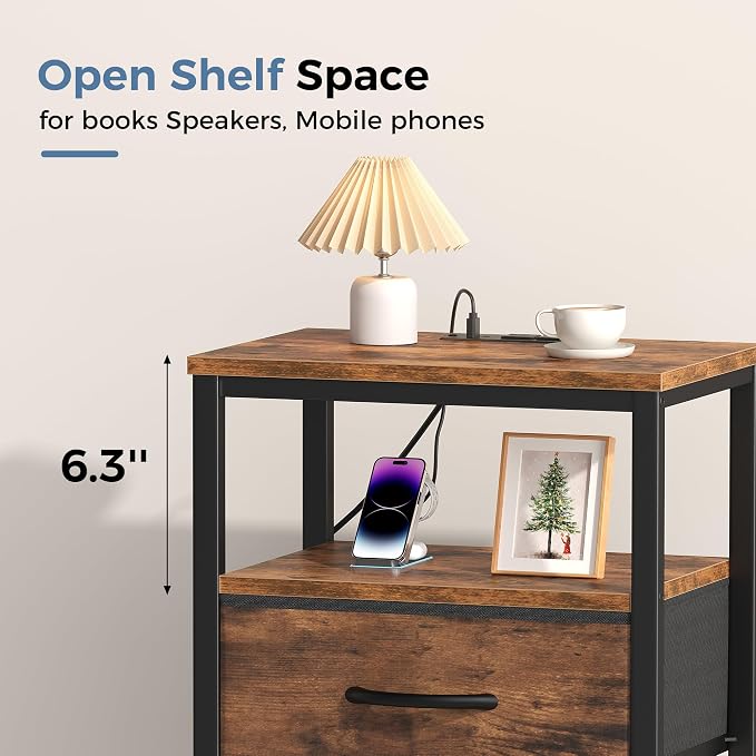 DUMOS 3-Tier Storage, Bed Side Tables with Wireless Charging Station, End Tables with Adjustable Fabric Drawers, Nightstand Set of 2, Modern Design, Brown
