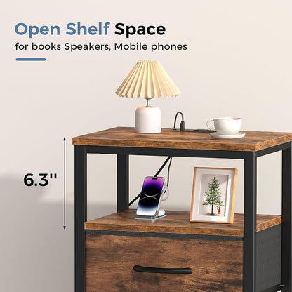 DUMOS 3-Tier Storage, Bed Side Tables with Wireless Charging Station, End Tables with Adjustable Fabric Drawers, Nightstand Set of 2, Modern Design, Brown