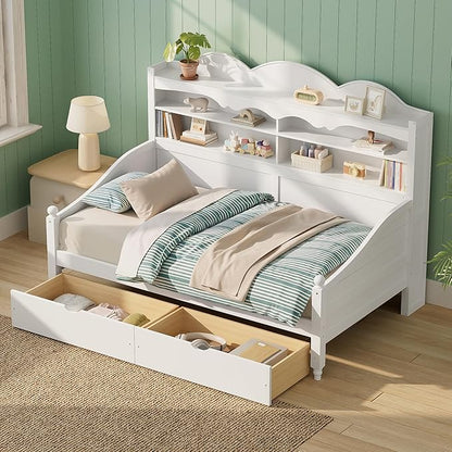 Merax Twin Daybed with Storage Drawers, Wood Twin Day Bed with 3-Tier Storage Headboard Shelves, Retro Style Twin-Size Daybed for Bedroom Guest Room, No Box Spring Needed, Easy Assembly, White
