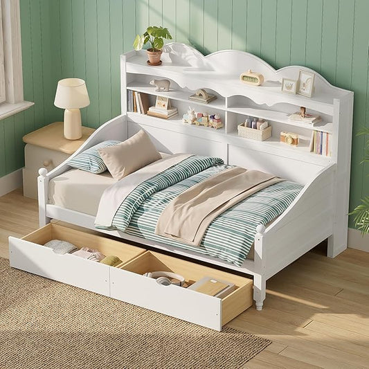 Merax Twin Daybed with Storage Drawers, Wood Twin Day Bed with 3-Tier Storage Headboard Shelves, Retro Style Twin-Size Daybed for Bedroom Guest Room, No Box Spring Needed, Easy Assembly, White