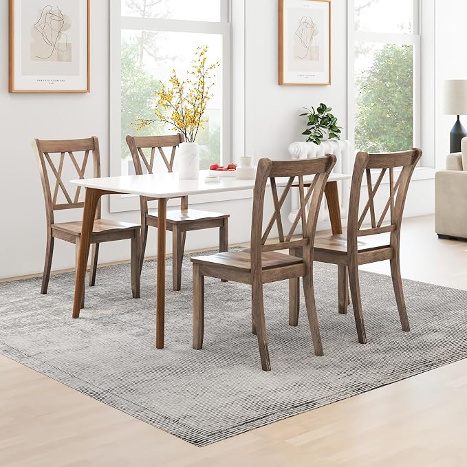 SIMOE Set of 4 Wooden Dining Chairs, Mid Century Farmhouse Kitchen Chairs, Solid Rubberwood Armless Side Chairs with High Back, Ergonomic Seats for Dining Room Living Room, Brown