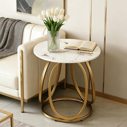 O&K FURNITURE Modern Gold Side Table, Round End Table with Sintered Stone Tabletop, Nightstand for Small Spaces, Bedroom, Home Office, 1PC