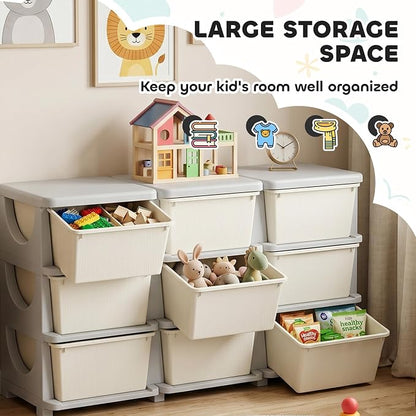Qaba 3 Tier Kids Storage Unit, Toy Organizers and Storage with 9 Drawer Chest for Kids Bedroom Nursery Kindergarten Living Room for Boys Girls Toddlers, Cream White