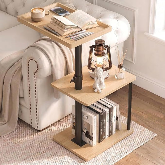 Faesun C Table End Table Adjustable Height, 360°Swivel TV Tray Table for Small Spaces, Small Nightstand for Living Room, Bedroom, Oak