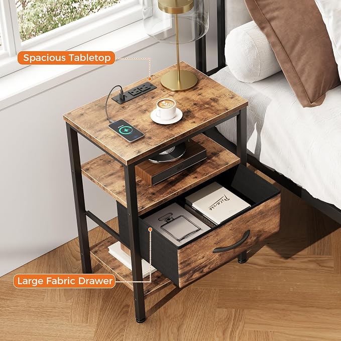 DUMOS Bedside Table with Charging Station and an Adjustable Fabric Drawer, and it is a Compact Nightstand, as Well as a 3-Tier Storage Organizer and an End Table for Bedroom, Brown