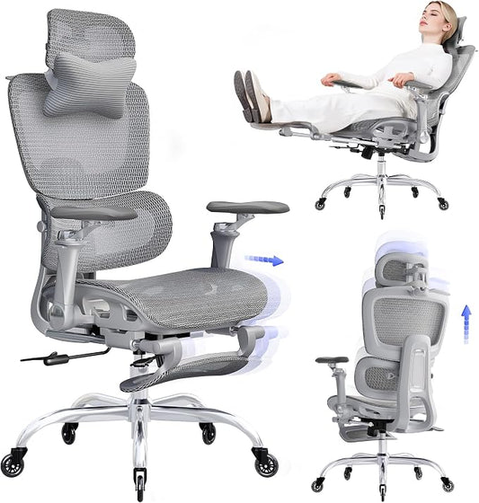 Office Chair with Footrest, Ergonomic Chair with 3D Headrest, Computer Chair with Adjustable Backrest & 6D Armrest, Gaming Chair with Adaptive Lumbar Support, Adjustable Seat Depth, Grey