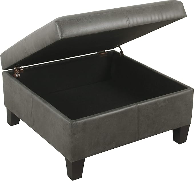 Homepop Home Decor |K2380-E903| Luxury Large Faux Leather Square Storage Ottoman | Ottoman with Storage for Living Room & Bedroom, Gray