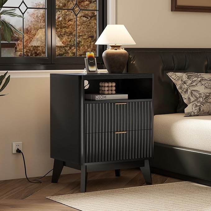 LYNCOHOME Fluted Nightstand with Charging Station, 19.7 inch Wide End Table with 2 Drawers, Modern Wood Bedside Table for Bedroom, Night Stand Set of 2, Black